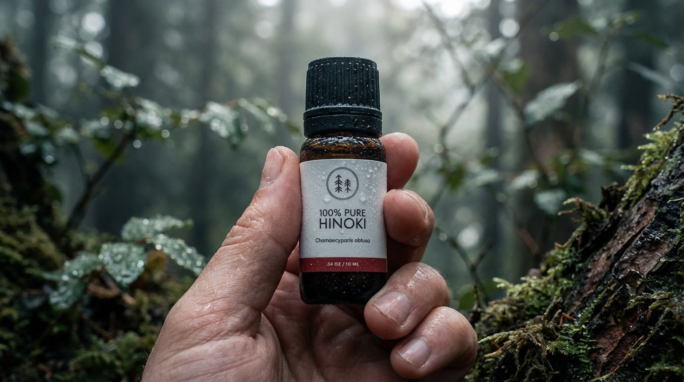 Hinoki oil sourced from a Japanese forest