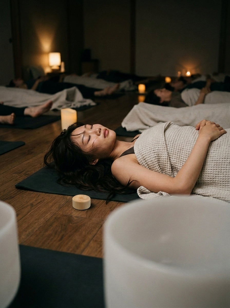 A sound bath in a dim studio with the Forest Block beside a resting student